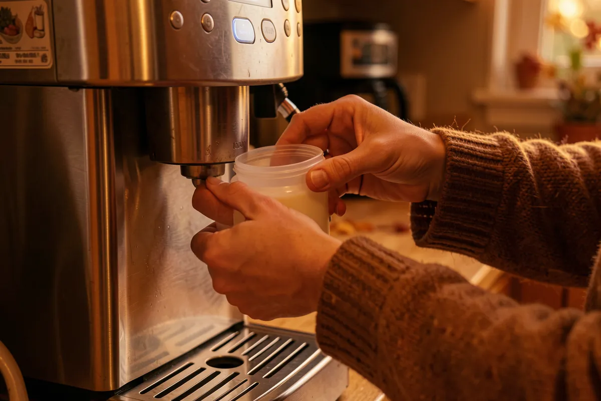 Henkilö kiinnittämässä maitosäiliötä espressokoneeseen huoltotoimenpiteen aikana.