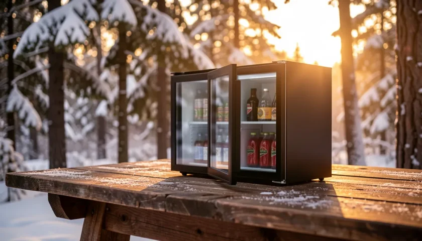Pieni ja tyylikäs minijääkaappi talvisessa metsäympäristössä.
