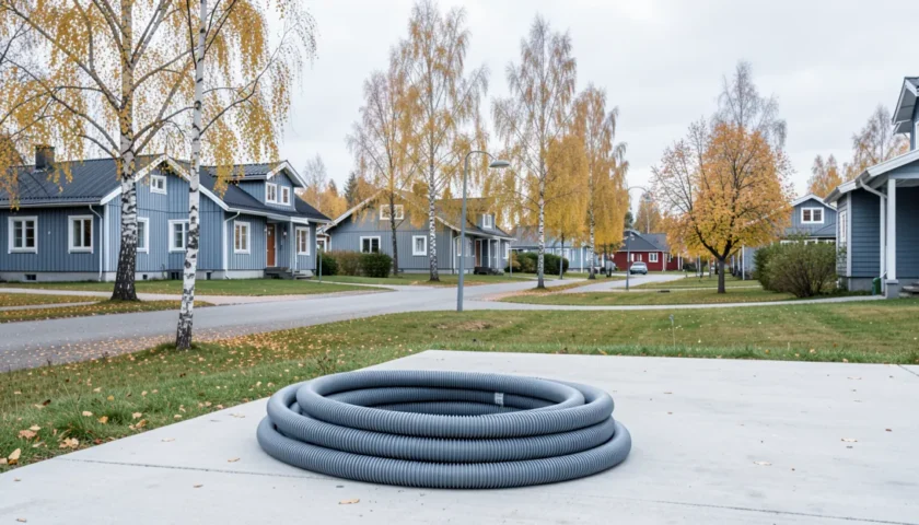 Pesukoneen poistoletku jatko asennusta varten valmiina suomalaisen omakotitalon pihalla.