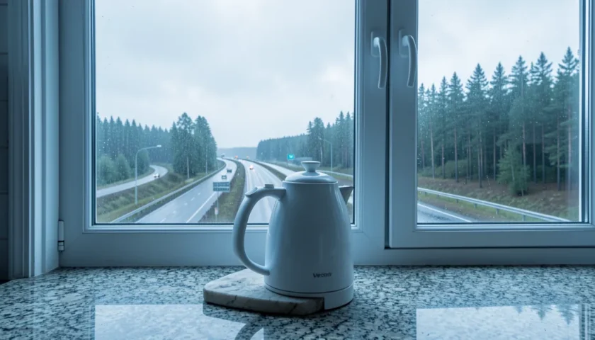 Valkoinen vedenkeitin keittiön tasolla, taustalla näkyy metsäinen tie.