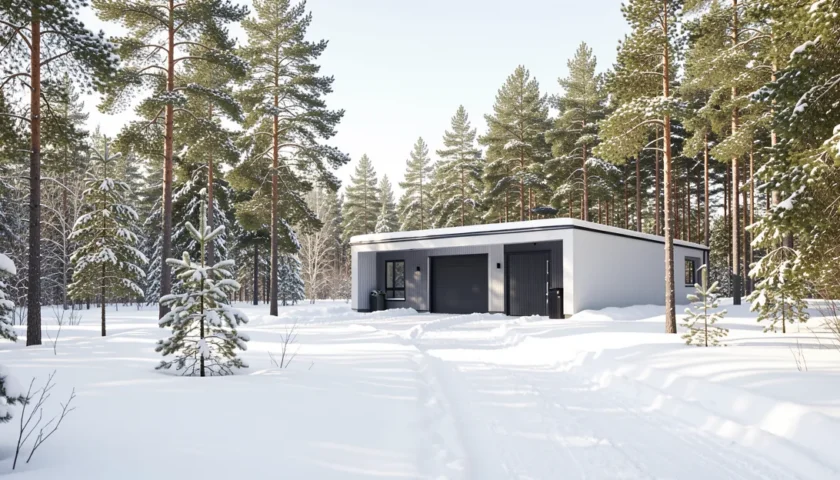 Lumisen metsän laidalla sijaitseva autotalli sopii ympäristöksi, kun valitaan ilmankuivain autotalliin.