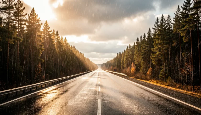 Syksyinen valtatie metsän siimeksessä, jossa ilmankostutin on turha lämmityskaudella.