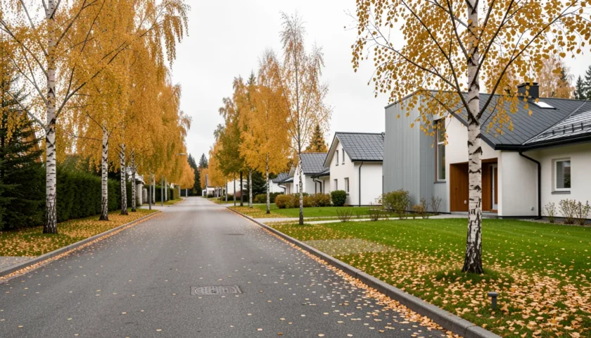 Moderni kivitalo esikaupunkialueella, jossa on jääkaappi jääpalakoneella.