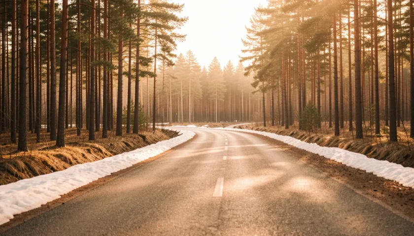 Uuninpuhdistusaine kierrätys vaatii huolellisuutta kevään valossa metsän reunustamalla tiellä.