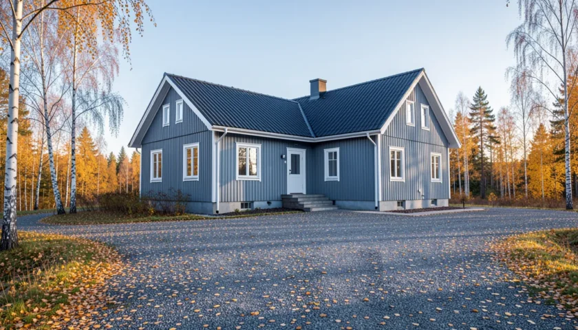 Omakotitalon piha syksyllä, jossa tarvitaan asiantuntevaa pesukone korjaus -apua.