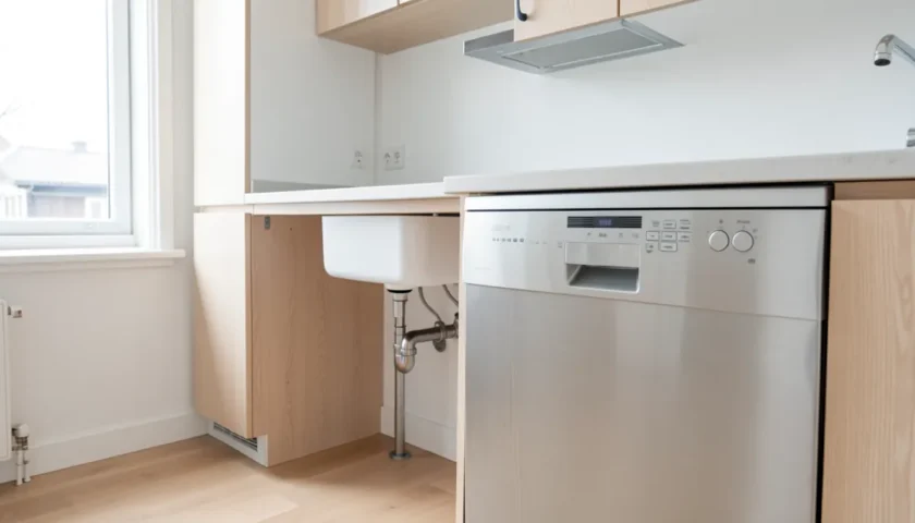 Moderni keittiö ja astianpesukone tulppa ja liitännät näkyvillä.