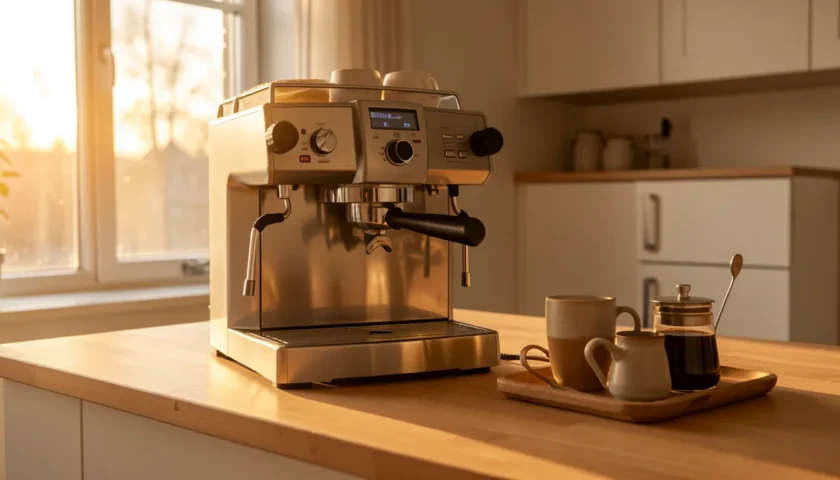 Moderni espressokone keittiön tasolla lämpimässä iltavalossa.