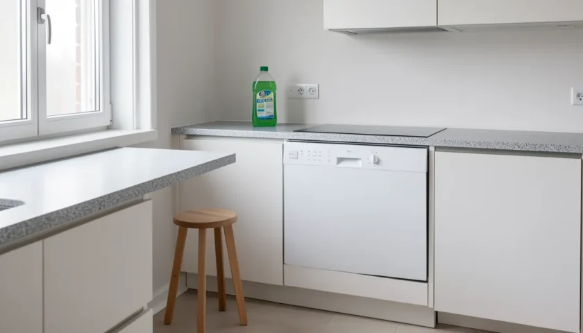 Uuninpuhdistusaine ja puhdistusvälineet suomalaisessa keittiössä.