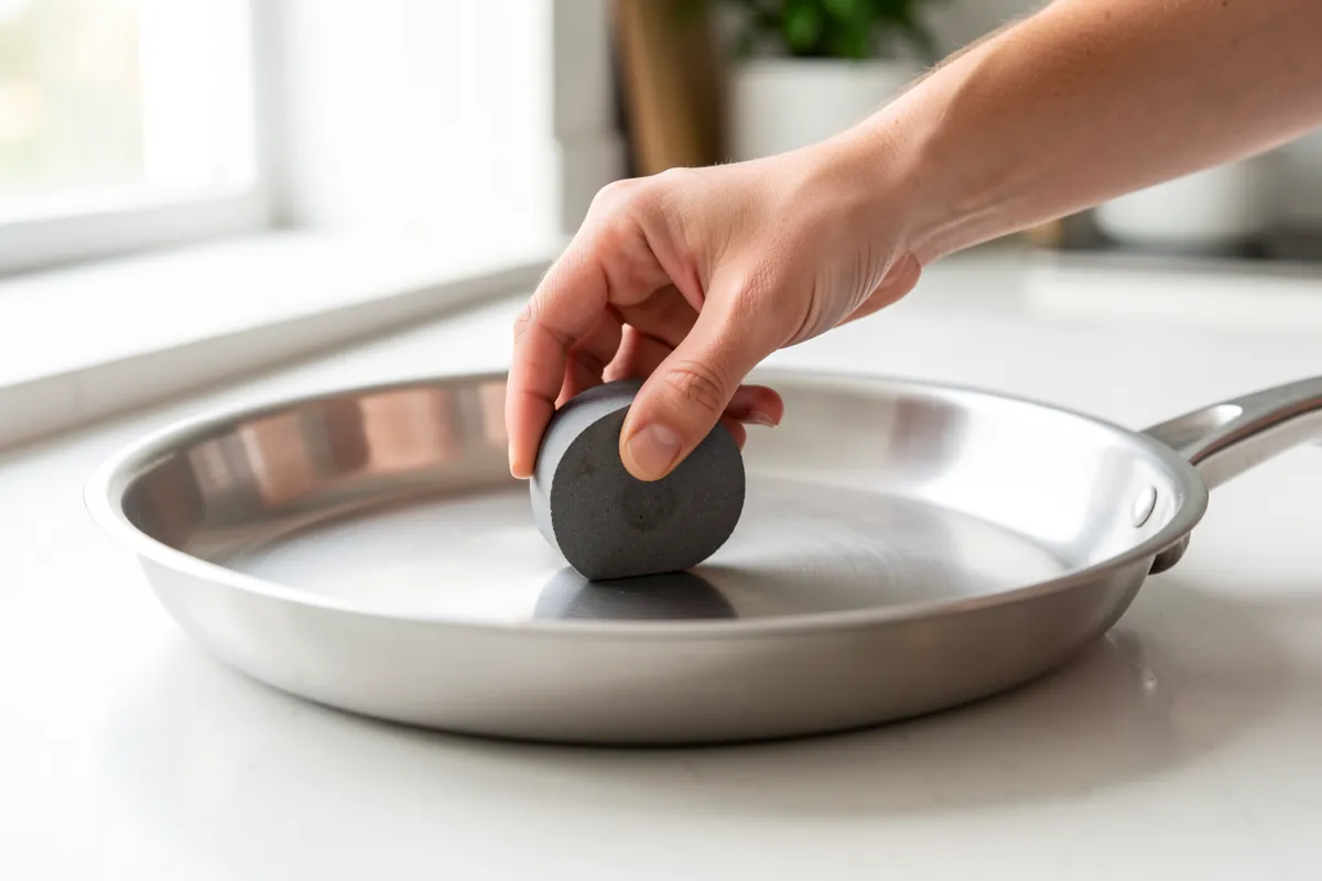 Kädet testaavat magneetilla paistinpannun pohjan sopivuutta induktioliedelle.
