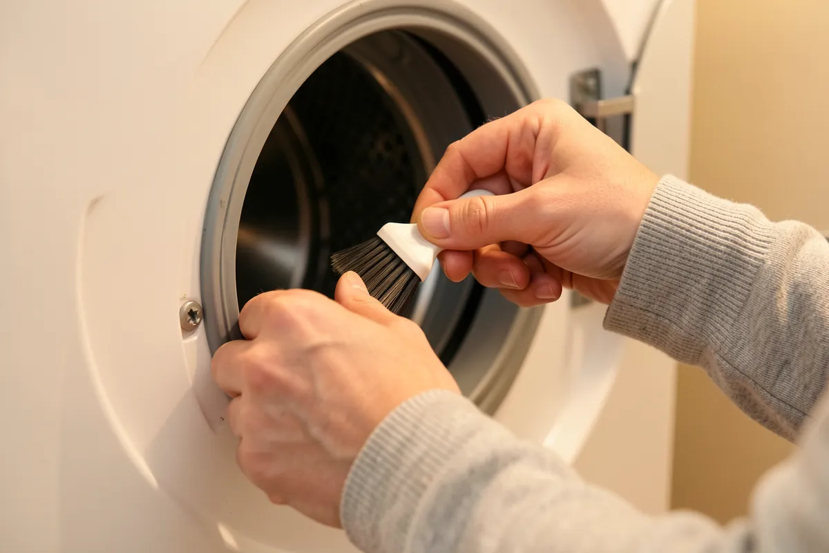 Kädet puhdistavat pesukoneen pesuainelokeroa huoltotöiden yhteydessä.