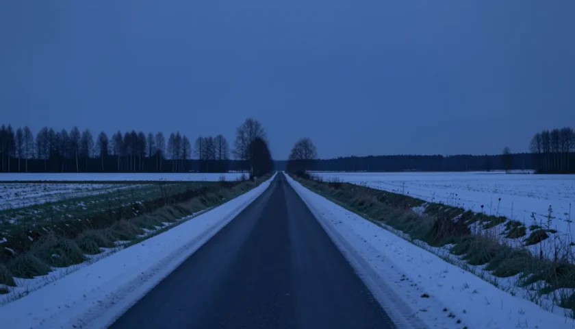 Lumipintainen maalaistie hämärässä; kun astianpesukone ei lämmitä vettä, vika voi olla huollossa.