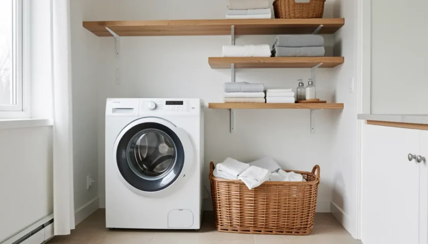 Moderni Electrolux kuivausrumpu vikakoodit mielessä pidettävässä kodin kodinhoitohuoneessa.
