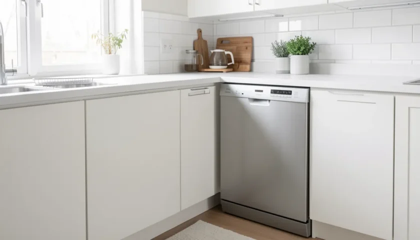 Moderni keittiö, jossa gram astianpesukone ei käynnisty ja vaatii huoltoa.