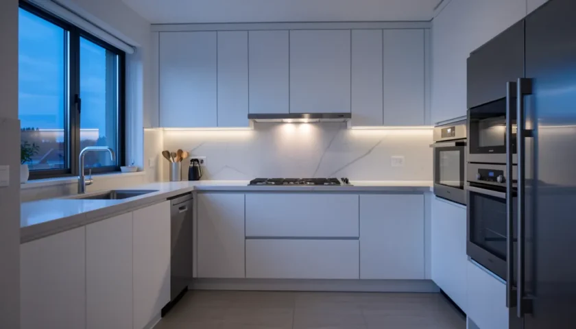 Moderni keittiö ja Whirlpool uuni vikakoodit tarkistettuna.