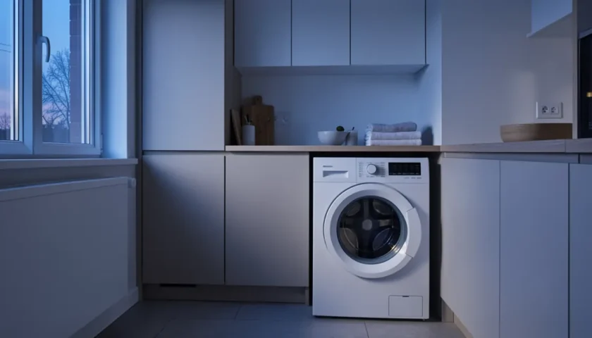 Moderni pesutupa ja Samsung pesukone puhdistusohjelma käytössä.
