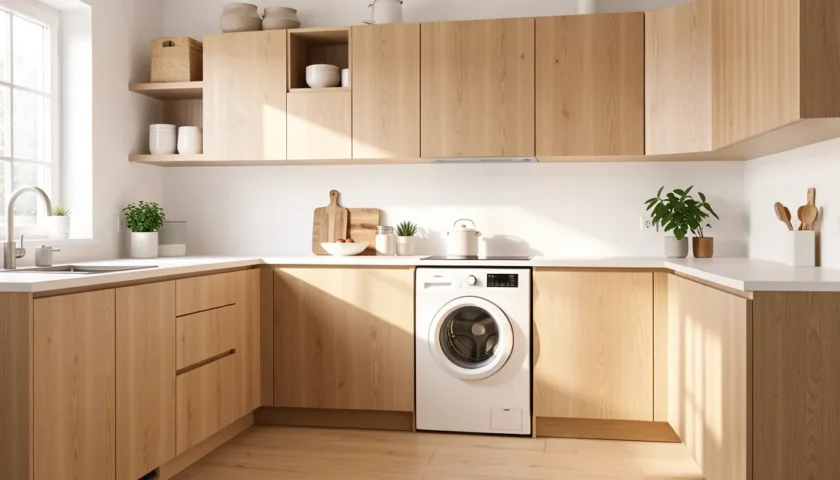 Moderni Miele kuivausrumpu sijoitettuna valoisaan suomalaiseen keittiöön.
