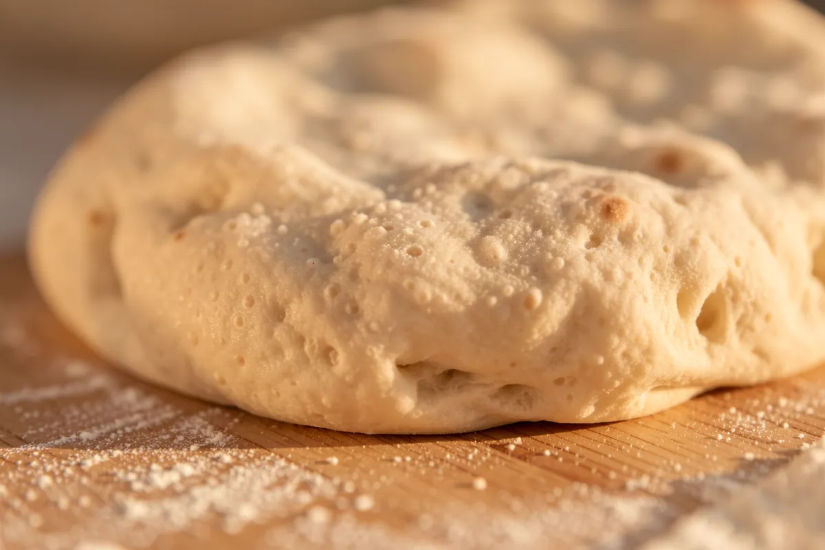 Lähikuva raa'asta naan-leivän taikinasta kevyesti jauhotetulla pinnalla.