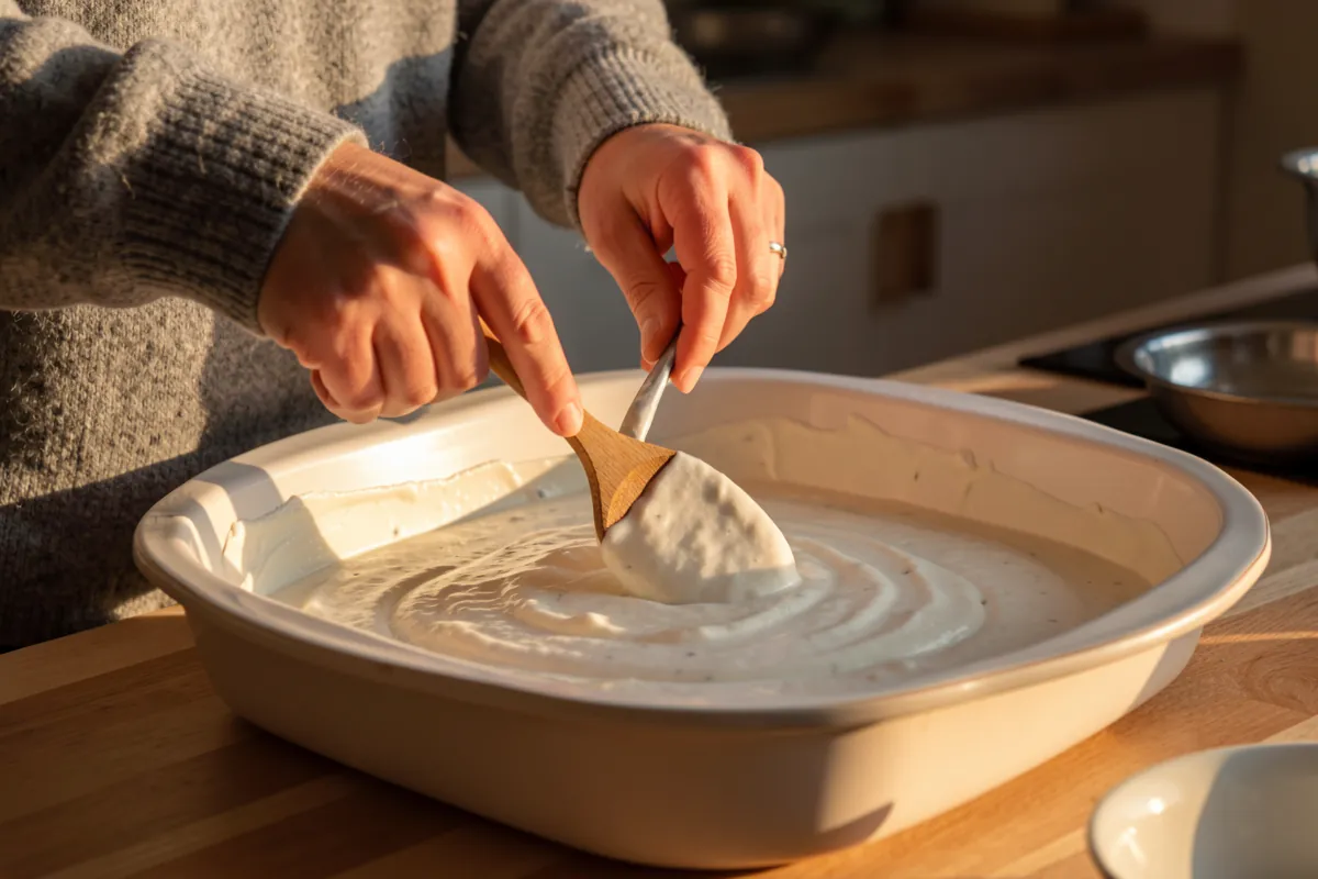 Kädet levittävät juustokastiketta lasagnevuokaan.