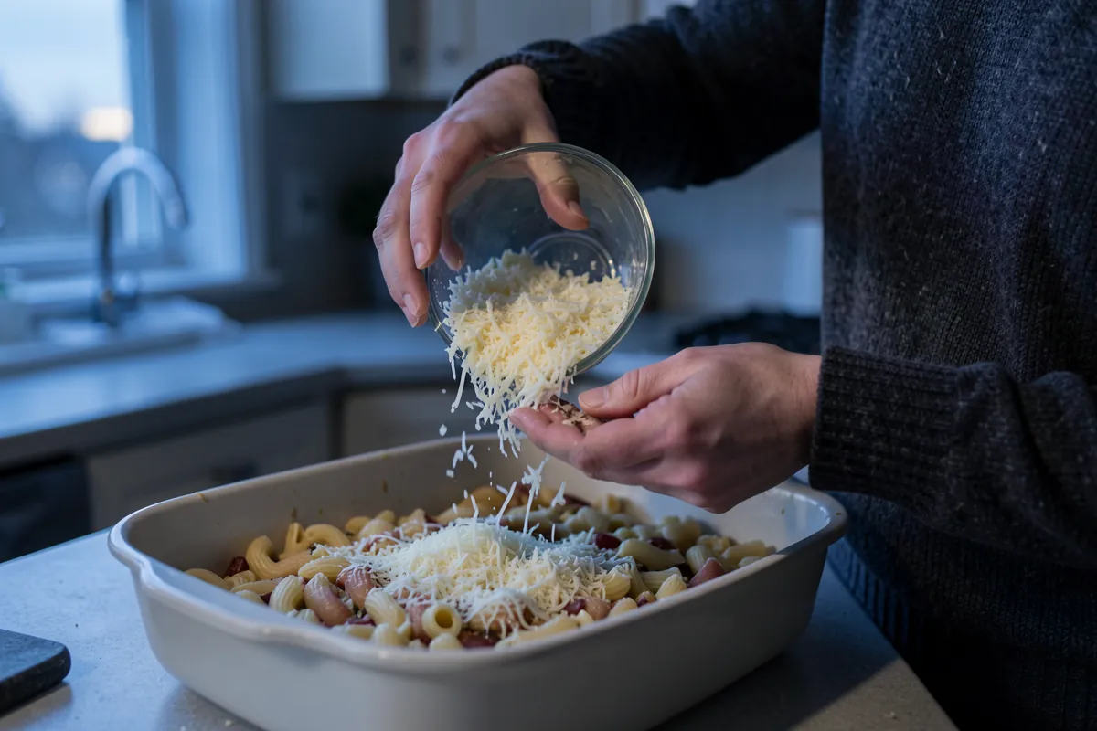 Henkilö ripottelee juustoraastetta tonnikalapastavuoan päälle.