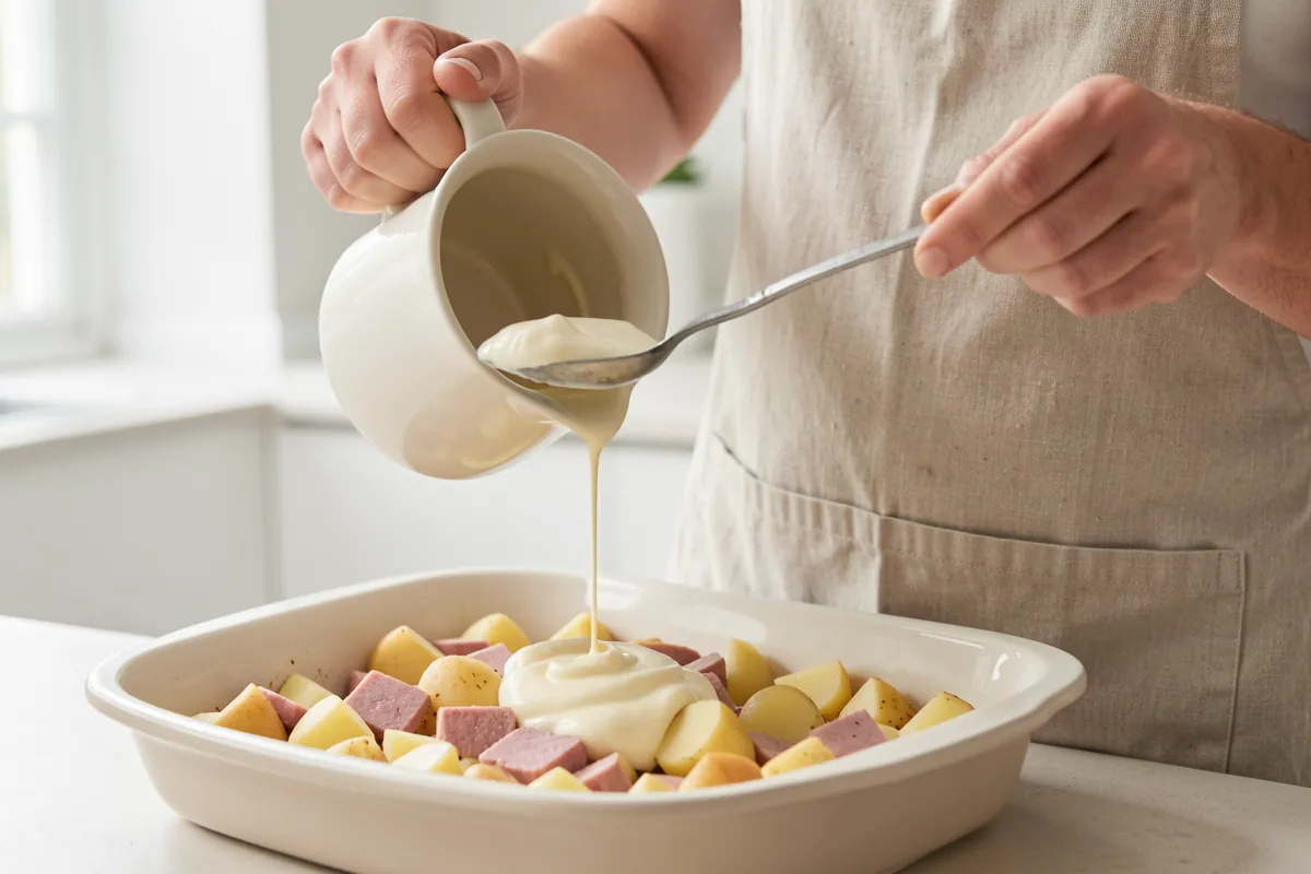 Henkilö kaatamassa ruokakermaa peruna-kinkkuseoksen päälle uunivuoassa.