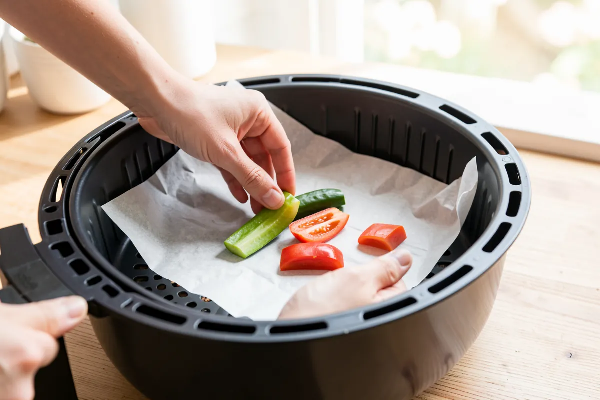Kädet asettavat ruokaa leivinpaperin päälle airfryerin koriin.