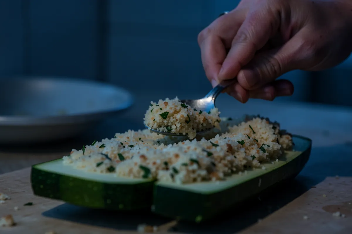 Henkilö levittää täytettä kesäkurpitsan päälle