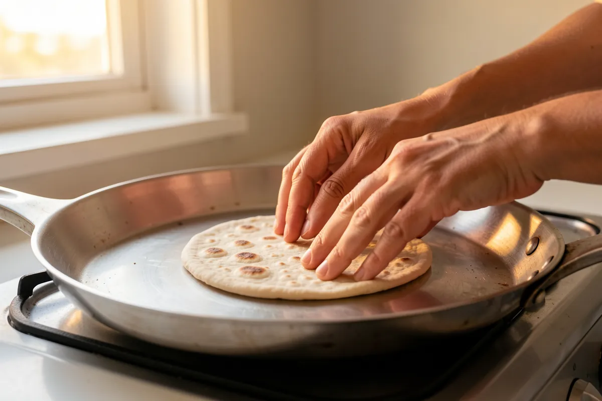 Kädet asettavat naan-leivän taikinan kuumalle pannulle paistumaan.