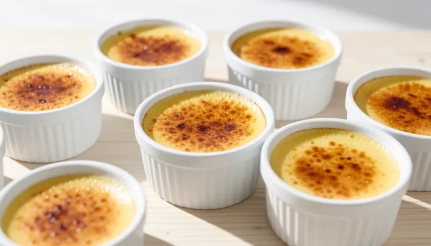 Klassinen creme brulee tarjoiltuna pienissä annosvuoissa.