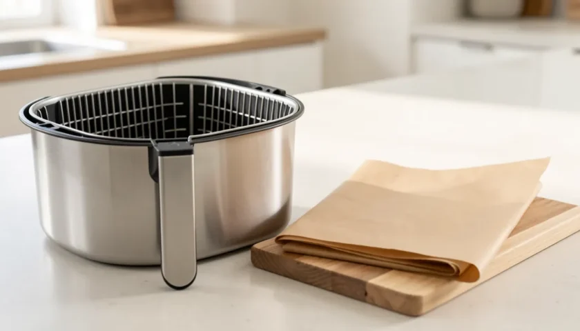 Airfryer leivinpaperi ja airfryerin kori keittiön pöydällä.
