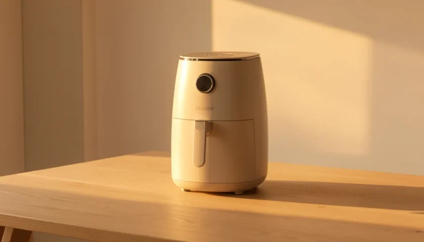 Tyylikäs airfryer keittiön tasolla ilta-auringossa – tässä on paras airfryer kotiisi.