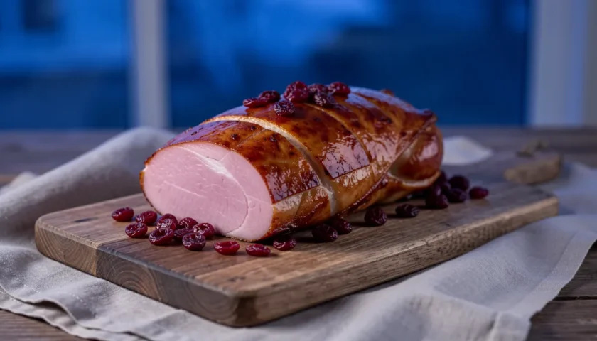 Mehevä joulukinkku tarjoilualustalla.
