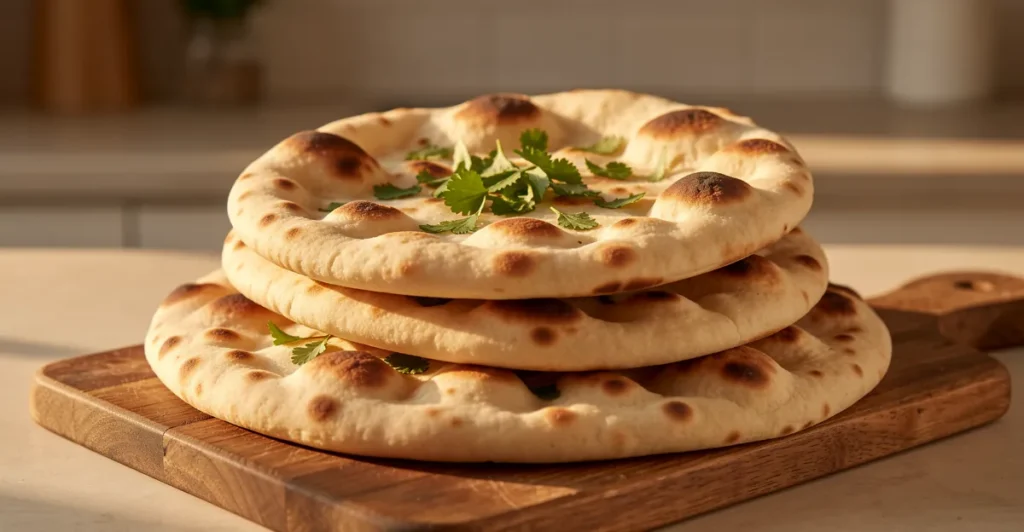Tuoreita, pannulla paistettuja naan-leipiä tarjoilualustalla – tässä on hyvä naan leipä ohje.