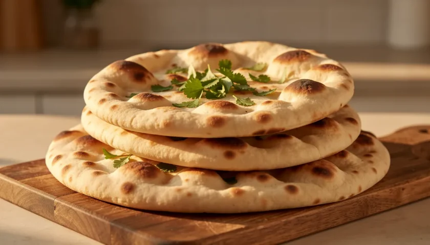 Tuoreita, pannulla paistettuja naan-leipiä tarjoilualustalla – tässä on hyvä naan leipä ohje.